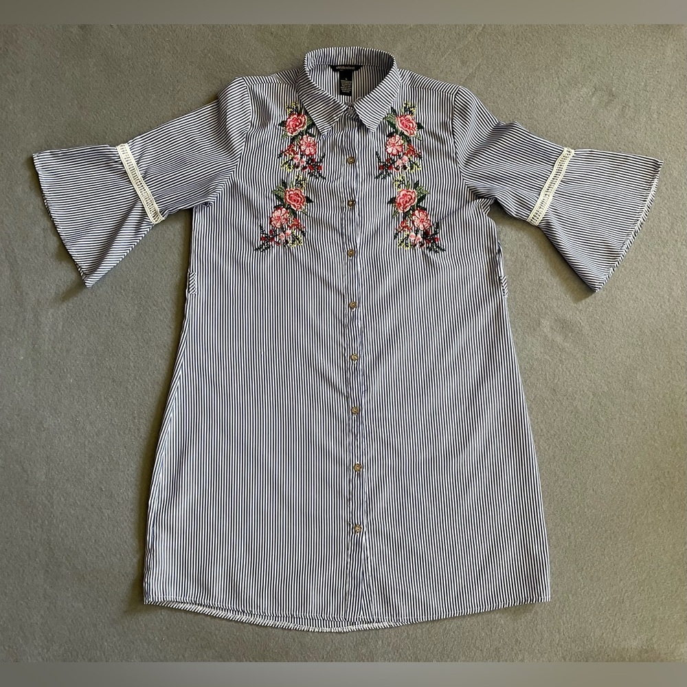 Millenium Shirt Dress Small Blue Striped Floral Embroidered Button Bell Sleeves